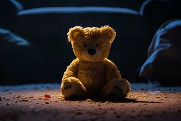 Teddy bear sitting on the floor at night in the dark