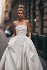 Naklejka premium bride wearing a minimalistic puffy in the street 