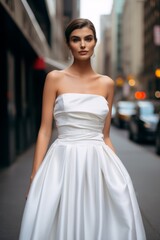 Fototapeta premium bride wearing a minimalistic puffy in the street 
