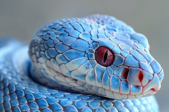 Close up of the head of a blue snake with red eyes