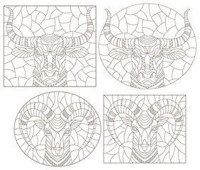 Set of contour illustrations of stained glass Windows with ram and bull heads, dark outlines on a white background
