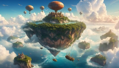 A majestic floating island with a kingdom atop, surrounded by smaller isles and ethereal clouds under a soft sky.. AI Generation