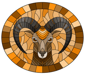 Illustration in the style of stained glass with abstract  ram head on a blue background oval image , tone brown
