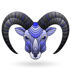 Abstract illustration in stained glass style with a animal head of a RAM, animal isolated on a white background, tone blue