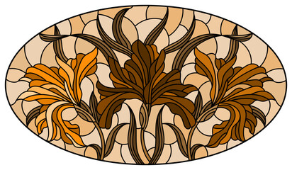 Illustration in stained glass style with  bouquet of irises, flowers, buds and leaves on, oval image, tone brown