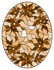 Illustration in stained glass style with floral arrangement of flowers, pink  flowers and leaves, oval image ,tone brown
