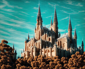 A large, white castle with towers and spires. - obrazy, fototapety, plakaty