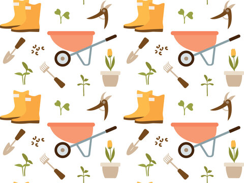 Seamless pattern with gardening tools and a flower in a pot on a transparent background.