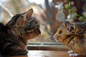 Cute little cat and ginger hamster playing on the windowsill
