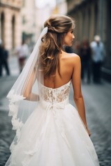 Naklejka premium A bride in a stunning white dress walks down a historic cobblestone street on her wedding day, surrounded by elegant architecture and distant guests enjoying the joyous occasion