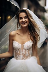 Fototapeta premium cheerful bride wearing short veil, standing at the bright street