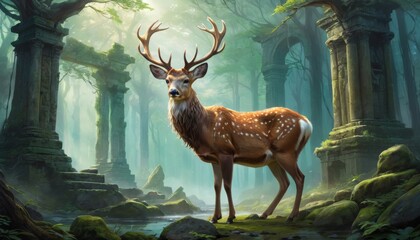 An enchanting forest scene featuring a regal stag among ancient ruins, invoking a timeless connection with nature.. AI Generation