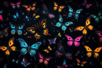 A black background with neon butterflies