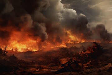 Fototapeta na wymiar A battlefield with billowing smoke and debris