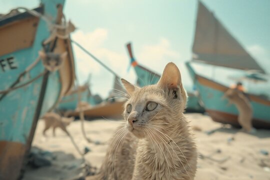 Cat sitting on the beach with fishing boats and blue sky background