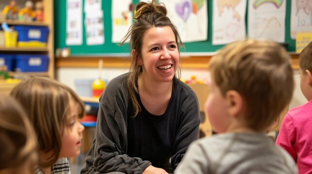 A joyful teacher laughing and interacting with engaged preschool children in a warm and inviting classroom setting.