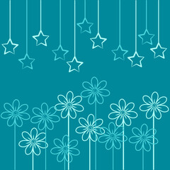 Vector beautiful fantastic illustration, background, wallpaper, pattern - on a turquoise background below, overlapping contours of simple flowers, contours of stars hanging from above on threads.