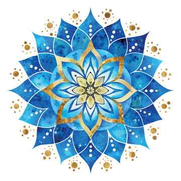 A blue and gold mandala with a white background