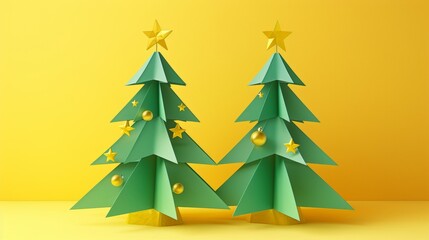 On a yellow background, an illustration of two Christmas trees with golden stars on top