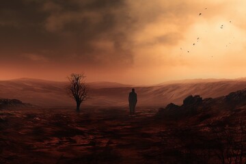 Fototapeta na wymiar A person's silhouette against a barren landscape, symbolizing emotional desolation