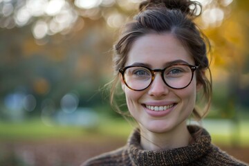 Portrait of a beautiful young woman wearing glasses in the autumn park - obrazy, fototapety, plakaty
