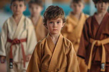 Portrait of a boy in kimono at the karate class - obrazy, fototapety, plakaty