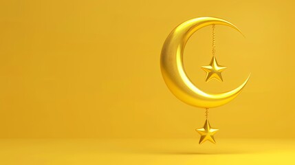 An illustration of a golden crescent moon in 3D with a star hanging from its top, on a yellow background