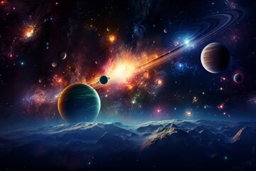 Celestial 3D backdrop with planets, stars, and cosmic phenomena