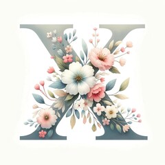 Alphabet ''X" adorned with flower clipart in a watercolor illustration style