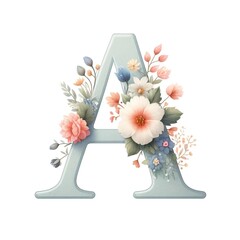 Alphabet ''A" adorned with flower clipart in a watercolor illustration style