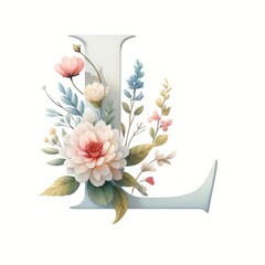 Alphabet 'L' adorned with flower clipart in a watercolor illustration style