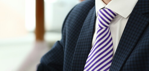 Male in blue suit set tie closeup. White collar management job serious move secretary student...
