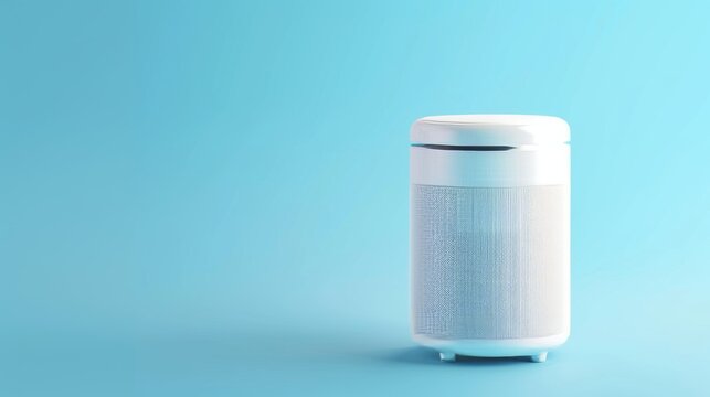 On a blue background, a white air purifier machine is illustrated in 3D