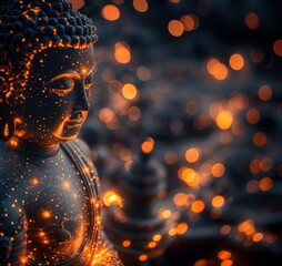 Sitting Buddha with golden shining lights on dark background