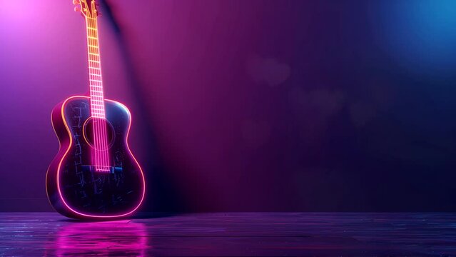 World music day concept, acoustic guitar with colorful neon lighting. seamless looping 4k time-lapse animation video background