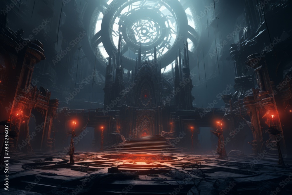 Poster enigmatic 3d realm with mysterious architecture and glowing symbols