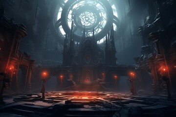 Enigmatic 3D realm with mysterious architecture and glowing symbols