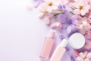 Feminine spring cosmetics mockup with beauty products, flowers, and pastel hues