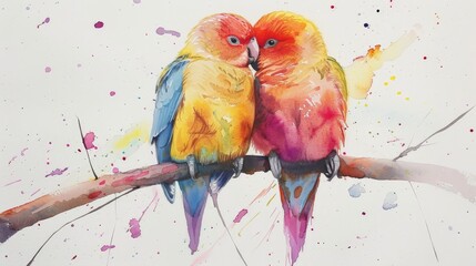 Watercolor painting of a lovebird with colorful feathers. This bird is loyal and playful with its owner.
 Use for wallpaper, posters, postcards, brochures.