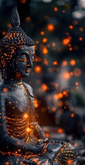 Sitting Buddha with golden shining lights on dark background