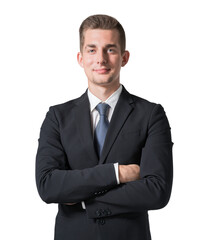 A confident young man dressed in a business suit, standing with arms crossed, on a white background