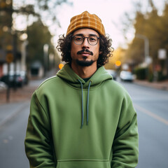 Obraz premium Portrait of a man wearing glasses and a hoodie against the background of the city
