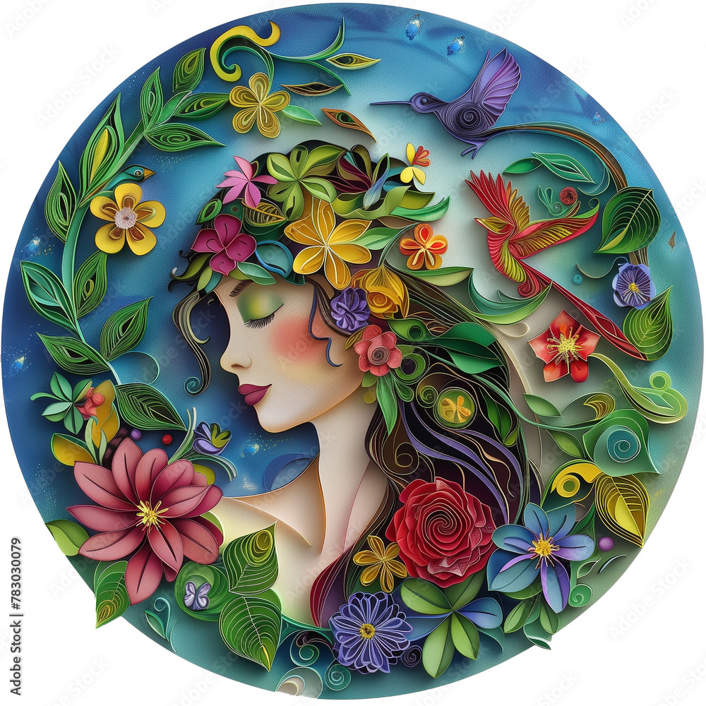 Wall mural illustration of a beautiful girl in a wreath of flowers isolated on transparent background.