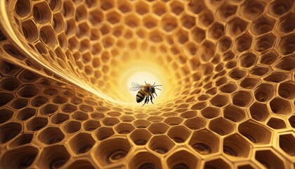 A solitary bee approaches a glowing golden honeycomb, symbolizing nature's intricate architecture and the industriousness of bees. AI Generation - obrazy, fototapety, plakaty