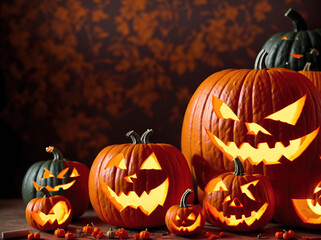 A group of pumpkins sitting on a table with a spooky background.