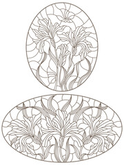 Set of contour stained glass illustrations with bouquets and flowers irises, horizontal  oriented, dark outlines on white background