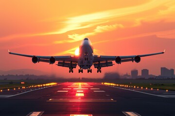 Fototapeta na wymiar Sunset Departure: Jetliner Ascending with Landing Gear Ready