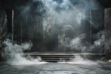 Empty stage with smoke and fog in dark room,  Stage background