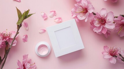 Pink cherry blossoms arrangement around a cosmetic cream jar and white frame on a pastel pink background.