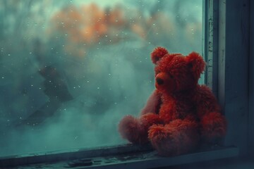 Teddy bear sitting on the window with raindrops on the glass
